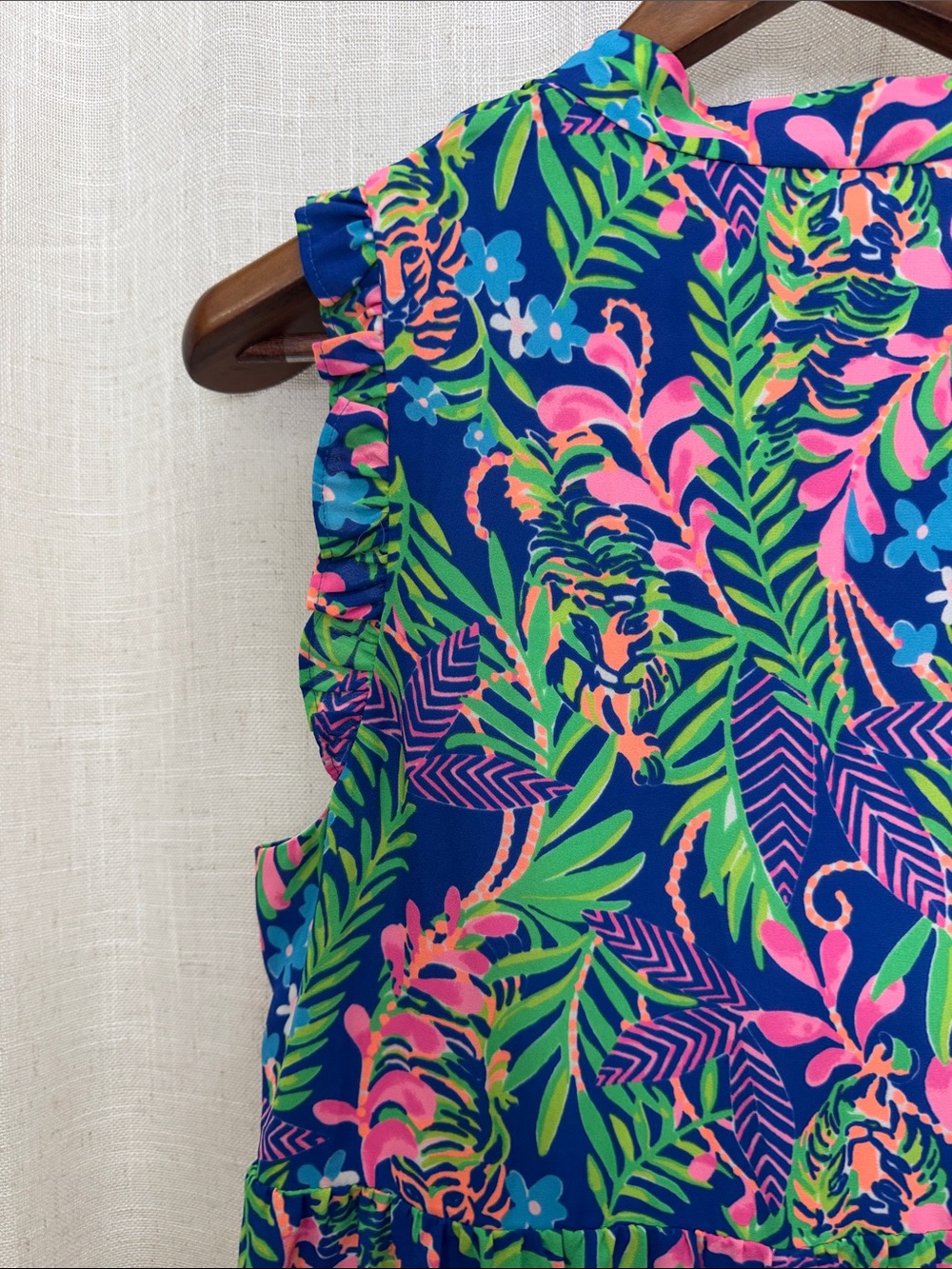 Lilly Pulitzer Sleeveless Blue & Pink Tropical Print Tiered Dress Size Large - Picture 7 of 14